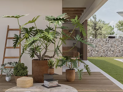 Lush Plant Combination with Large Green Plants Brown Pots and Wooden Ladder on Patio 3d model