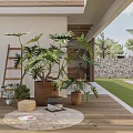 Lush Plant Combination with Large Green Plants Brown Pots and Wooden Ladder on Patio