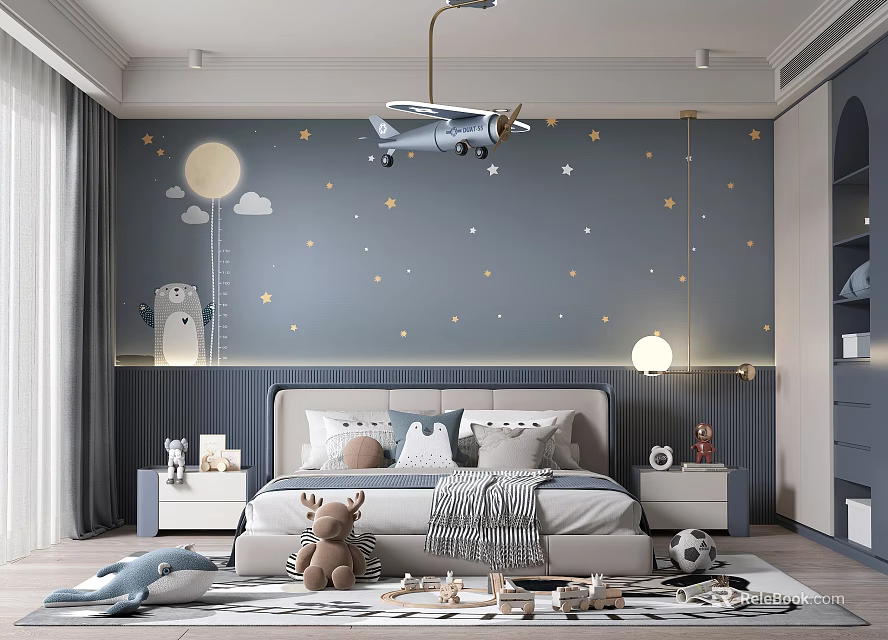 Starry Kids Room Design With Moon Star Wall Decor Hanging Airplane Bed And Toys 3d model 