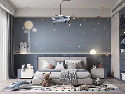 Starry Kids Room Design With Moon Star Wall Decor Hanging Airplane Bed And Toys 3d model