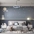 Starry Kids Room Design With Moon Star Wall Decor Hanging Airplane Bed And Toys