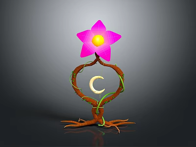 Plant with Pink Star Shaped Flower Yellow Center and C Shaped Vines Brown Roots on Gray Background 3d model
