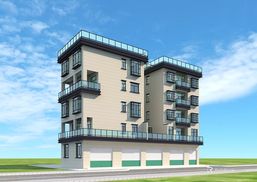 Multi Story Residential Building Light Exterior Black Balcony Railings Green Garage Doors Grass Blue Sky 3d model 