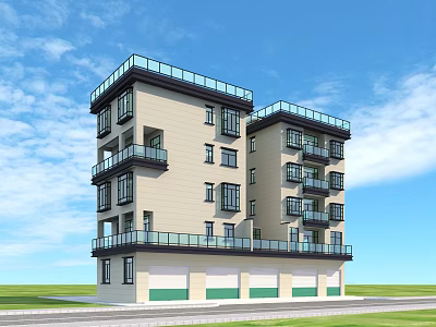Multi Story Residential Building Light Exterior Black Balcony Railings Green Garage Doors Grass Blue Sky 3d model