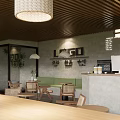 Modern Cafe Interior With Wooden Tables Green Plants Pendant Lights And Bar Counter