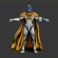 Futuristic Sci Fi Character With Blue Head Silver Armor Yellow Cape And Blue Energy Orbs