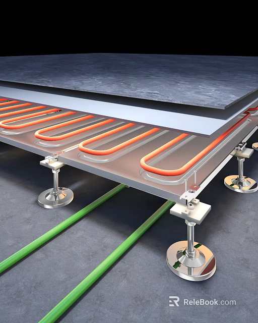 Underfloor Heating Components Featuring Orange Heating Tubes Metal Brackets And Green Pipes 3d model 