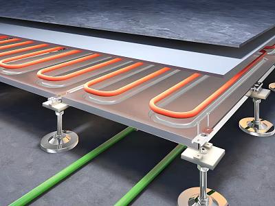 Underfloor Heating Components Featuring Orange Heating Tubes Metal Brackets And Green Pipes 3d model