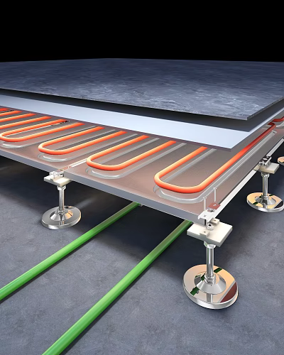 Underfloor Heating Components Featuring Orange Heating Tubes Metal Brackets And Green Pipes 3d model