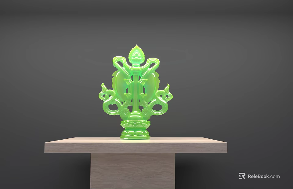 Intricate Green Sculpture Carving Displayed On Wooden Platform With Gray Background 3d model 