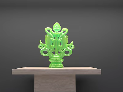 Intricate Green Sculpture Carving Displayed On Wooden Platform With Gray Background 3d model