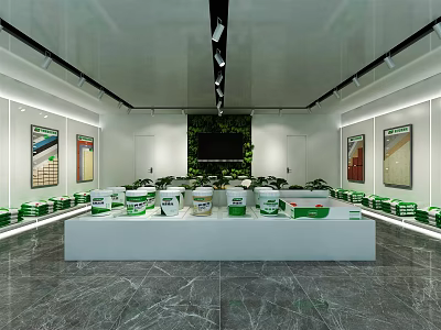 Modern Exhibition Hall With White Display Counters And Green Packaged Products On Show 3d model