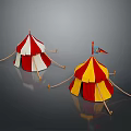 Modern Circus Tents Display With Red White Yellow Colors And Flags