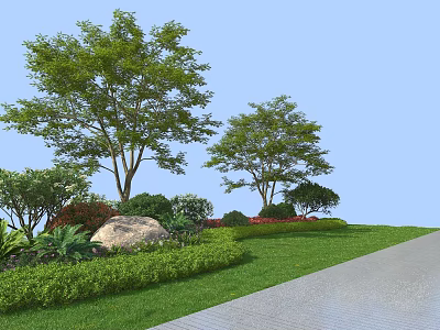 Garden Plant Combination With Lawn Trees Shrubs Large Rock And Pathway 3d model
