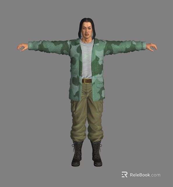 Man In Camouflage Jacket Gray T-shirt Green Pants And Black Boots With Arms Outstretched 3d model 