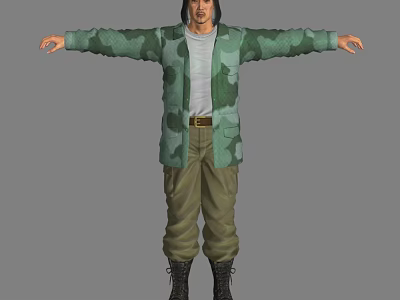 Man In Camouflage Jacket Gray T-shirt Green Pants And Black Boots With Arms Outstretched 3d model