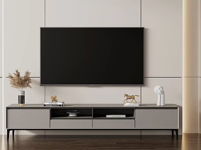 Modern TV Stand With TV On Top And Decorative Vase Horse Figurine And Statue 3d model