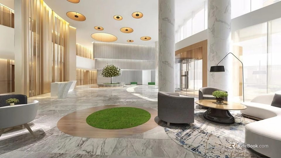 Modern Reception Area Interior With Marble Pillars Circular Pendant Lights Green Lawn And Wooden Walls 3d model 