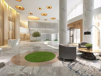 Modern Reception Area Interior With Marble Pillars Circular Pendant Lights Green Lawn And Wooden Walls 3d model