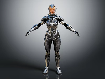 Futuristic Female Robot Character In Metallic Armor With Glowing Head And Sleek Design 3d model