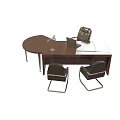 Technology Exhibition Hall Conference Space With Brown Table Laptop Microphone And Black Leather Chairs
