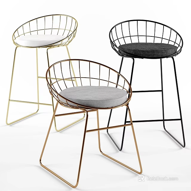 Modern Wire Frame Single Chairs with Gold Black Metal Legs and Gray Seat Cushions 3d model 