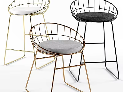 Modern Wire Frame Single Chairs with Gold Black Metal Legs and Gray Seat Cushions 3d model