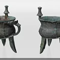 Ancient Bronze Vessels with Three Legs Handles Decorative Tops and Carved Patterns