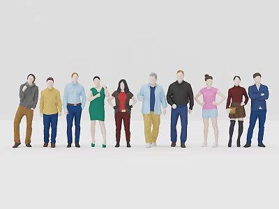 Diverse Group of People Standing Together in Various Poses and Outfits 3d model