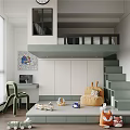 Kids Room Interior Design With Loft Bed Stairs Desk Chair And Toys Storage