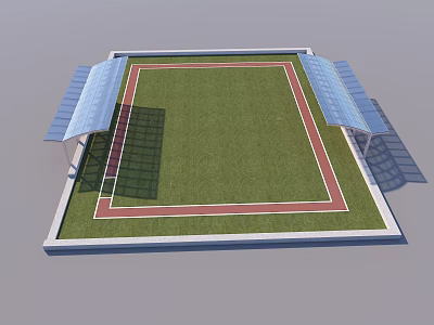 Modern Sports Stadium Design With Green Lawn Red Track And Blue Canopies 3d model