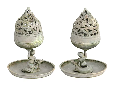 Pair of Ancient Ceramic Vessels With Intricate Carved Patterns And Kneeling Figure Base Trays 3d model