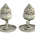 Pair of Ancient Ceramic Vessels With Intricate Carved Patterns And Kneeling Figure Base Trays