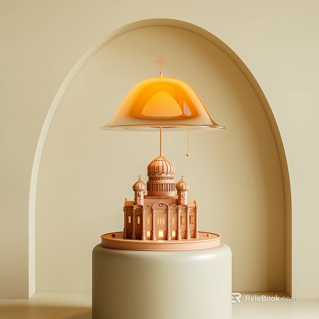 Unique Shaped Table Lamp With Golden Dome Building Base And Orange Umbrella Shade 3d model 