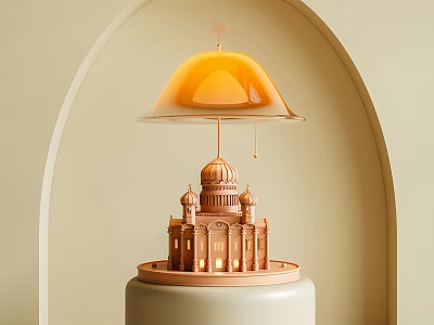 Unique Shaped Table Lamp With Golden Dome Building Base And Orange Umbrella Shade 3d model