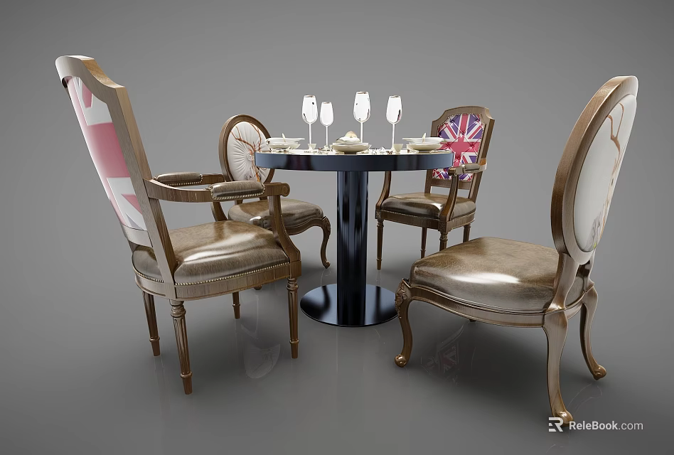 Classic Style Dining Set With Round Black Table Four Union Jack Pattern Golden Frame Chairs 3d model