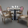 Classic Style Dining Set With Round Black Table Four Union Jack Pattern Golden Frame Chairs 3d model