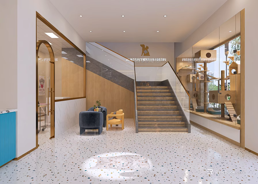 Modern Entrance Hall With Wooden Decor Mirrors Colorful Terrazzo Floor Sofa And Display Cases 3d model 