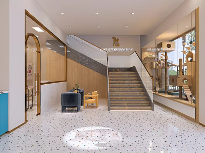Modern Entrance Hall With Wooden Decor Mirrors Colorful Terrazzo Floor Sofa And Display Cases 3d model