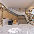 Modern Entrance Hall With Wooden Decor Mirrors Colorful Terrazzo Floor Sofa And Display Cases