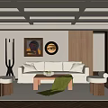 Modern Beige Living Room With Wooden Ceiling Sofa Coffee Table Floor Lamp And Round Mirror