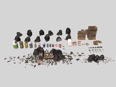 Assorted Waste Items With Black Trash Bags Colorful Bottles Cardboard Boxes And Scattered Debris 3d model