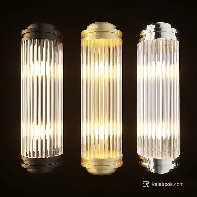 Wall Lights with Matte Black Gold Silver Metal Bases Ribbed Glass Shades Soft Warm Illumination 3d model 