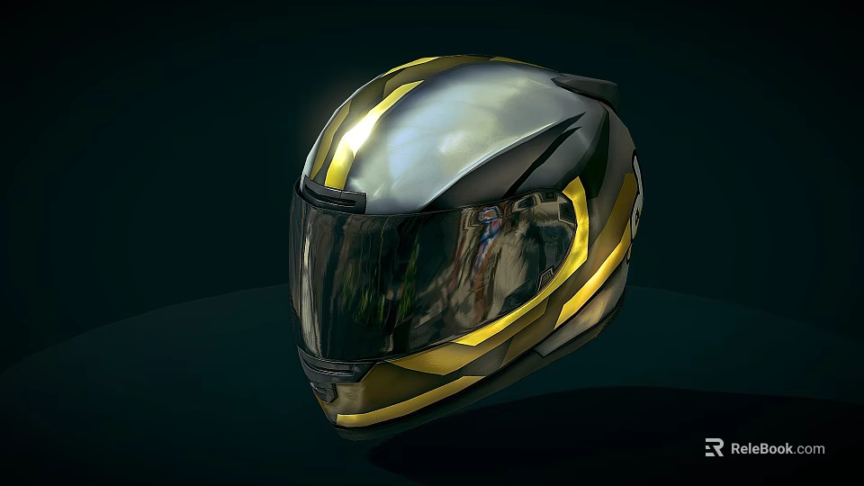 Shiny Modern Motorcycle Helmet in Silver and Gold with Glossy Visor and Streamlined Design 3d model 
