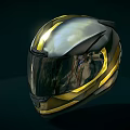 Shiny Modern Motorcycle Helmet in Silver and Gold with Glossy Visor and Streamlined Design