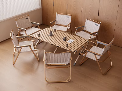 Stylish Wooden Dining Table And Chairs Set With Wicker Seats And Wooden Cabinets 3d model