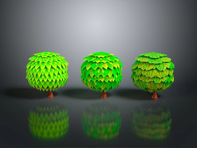 Three Green Spherical Plants With Scaly Leaves Brown Trunks And Reflections On Gray Gradient Background 3d model