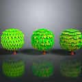Three Green Spherical Plants With Scaly Leaves Brown Trunks And Reflections On Gray Gradient Background