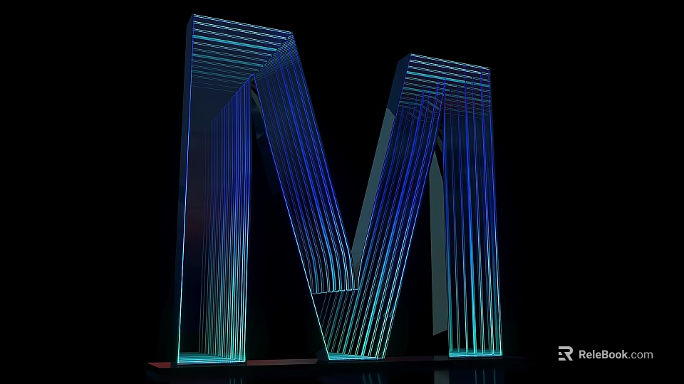 Glowing Blue Cyan Striped 3D Letter M Design With Light Effects On Black Background 3d model 