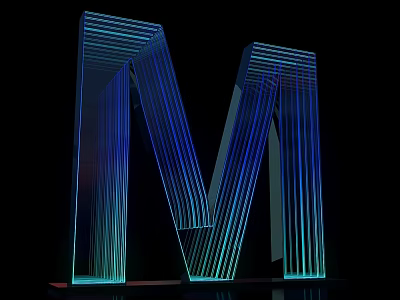 Glowing Blue Cyan Striped 3D Letter M Design With Light Effects On Black Background 3d model